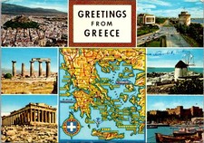 Greece Map & Landmarks Multi-View Vintage Card Continental Postcard B773