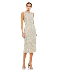Mac Duggal 5526 Silver Sequin Beaded Midi Sheath Dress Womens 2