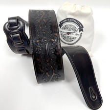 Walker & Williams LIP-07 Dark Bourbon Brown Carved Leather Strap with Cross