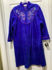 VTG VANITY FAIR Medium Length Half Zip Robe Royal Blue FLORAL Embroidered Large