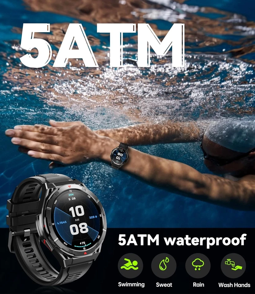GPS Militär Smartwatch Herren mit Bluetooth-Anrufe 5ATM Wasserdicht Fitnessuhr - Bild 4 von 4