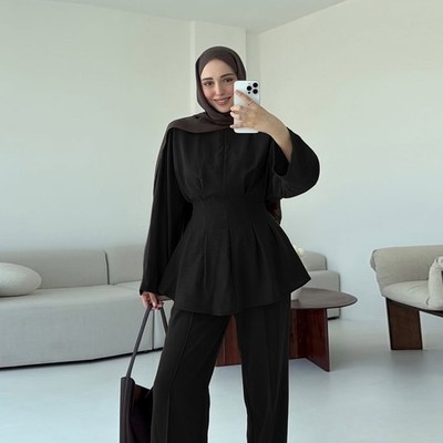 2Piece Sets Elegant Women Abaya Muslim Blouse Top Wide Leg Pants Kaftan Islamic