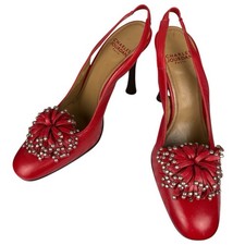 VTG Charles Jourdan Red Leather Sling Heels Removable Studded Buckle 6M France