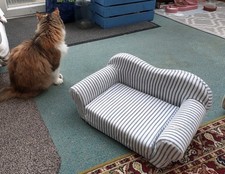Small Cat Sofa Bed White & Blue Clean But with Wear & Tear. Good Condition