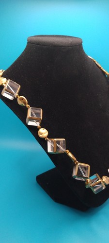 Gold Tone & Modernist Square Glass Cubes Beaded Artisan Necklace - Picture 3 of 6