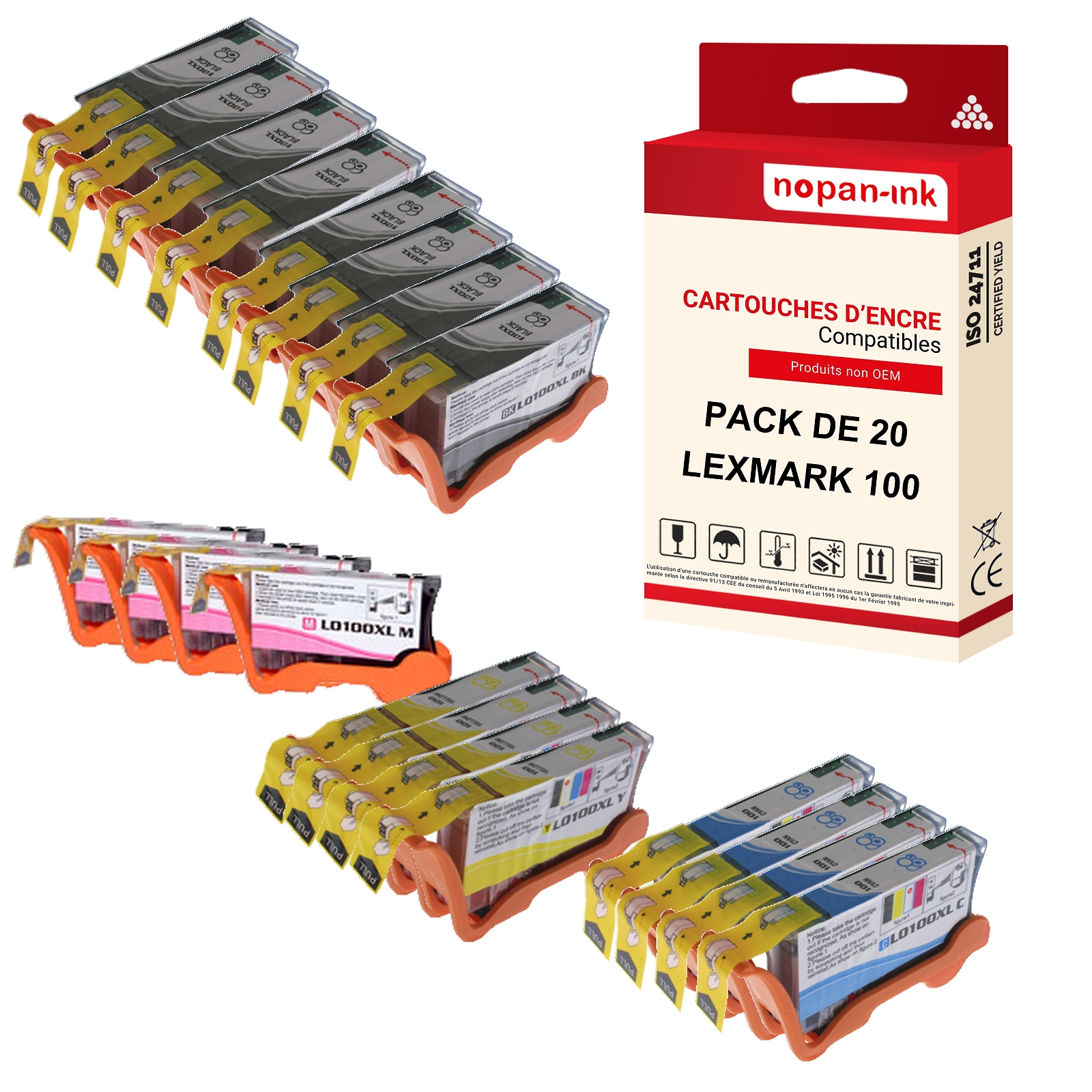 Cartouche Lexmark 100XL pack de 20 cartouches d'encre noir et couleur Nopan-Ink