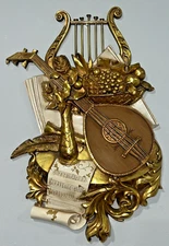 Vtg SYROCO (71) Gold harp Lute sheet song Music Wall Hanging plastic 20”X30”