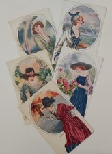 Serie di 5 Cartoline Postali Inizi del '900 Donne con Sfondi in Ovali Vintage