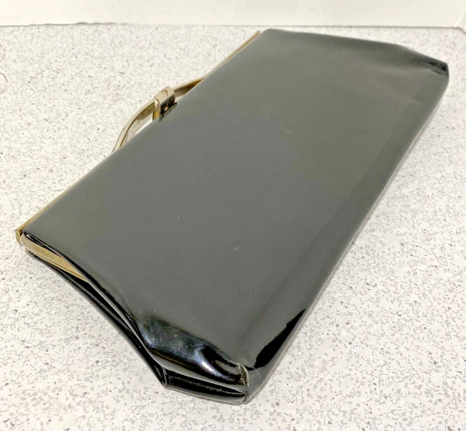 Bolso de noche negro acabado charol bolso sin asas clásico elegante bolso de mano de mediados de siglo Foto 4 de 4