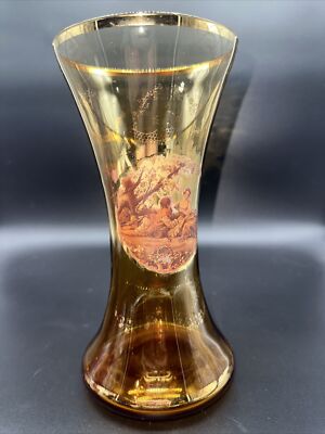 Antique Amber Glass Portrait  9.75 In Vase Hand Painted with Gold Trim Has Loss