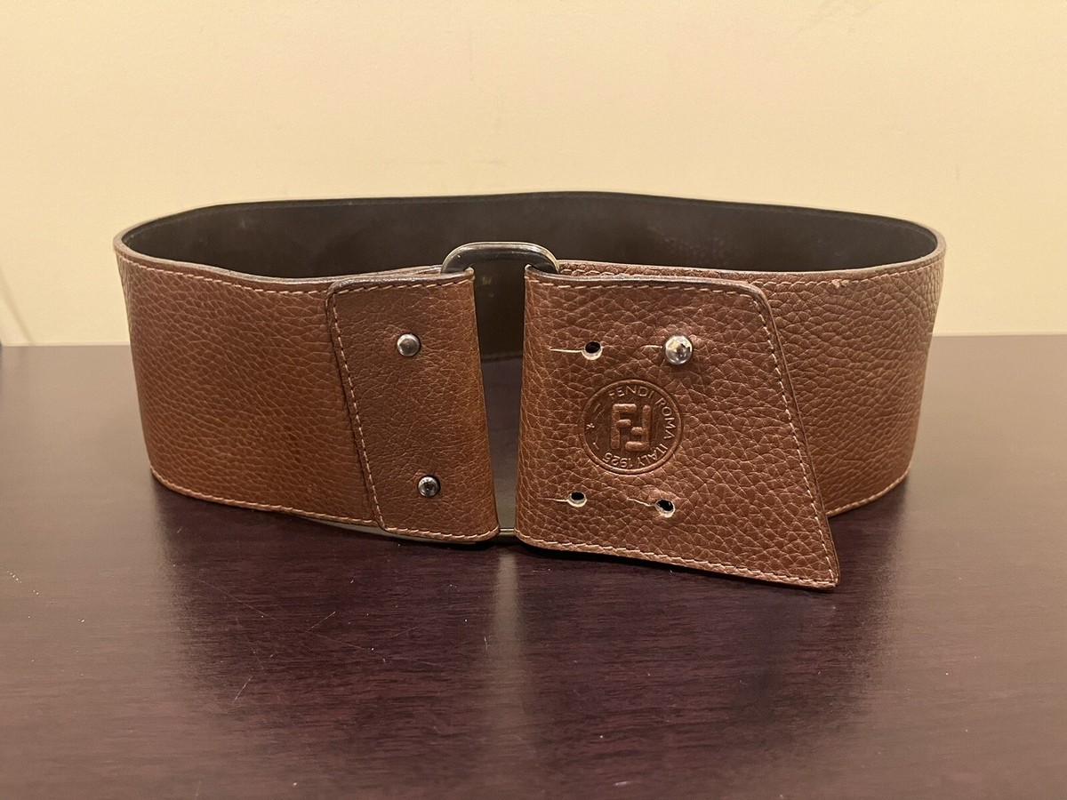 Vintage Fendi Brown Leather Wide Belt Wrap Embossed FF Size S (75