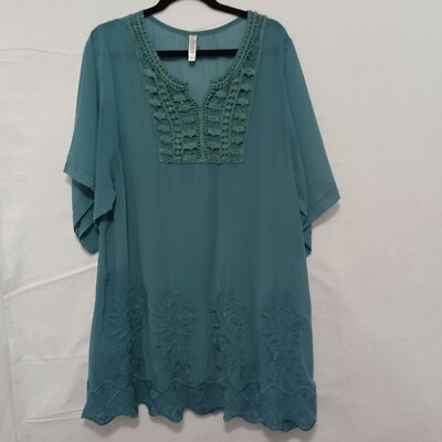 Manoreno Women's Thin fabric short Sleeve teal/green Blouse with Slip SZ  Large 