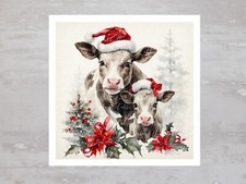 Christmas Santa Hat Mamma Cow  Calf Fabric Panel Craft Sewing Quilt Block A382