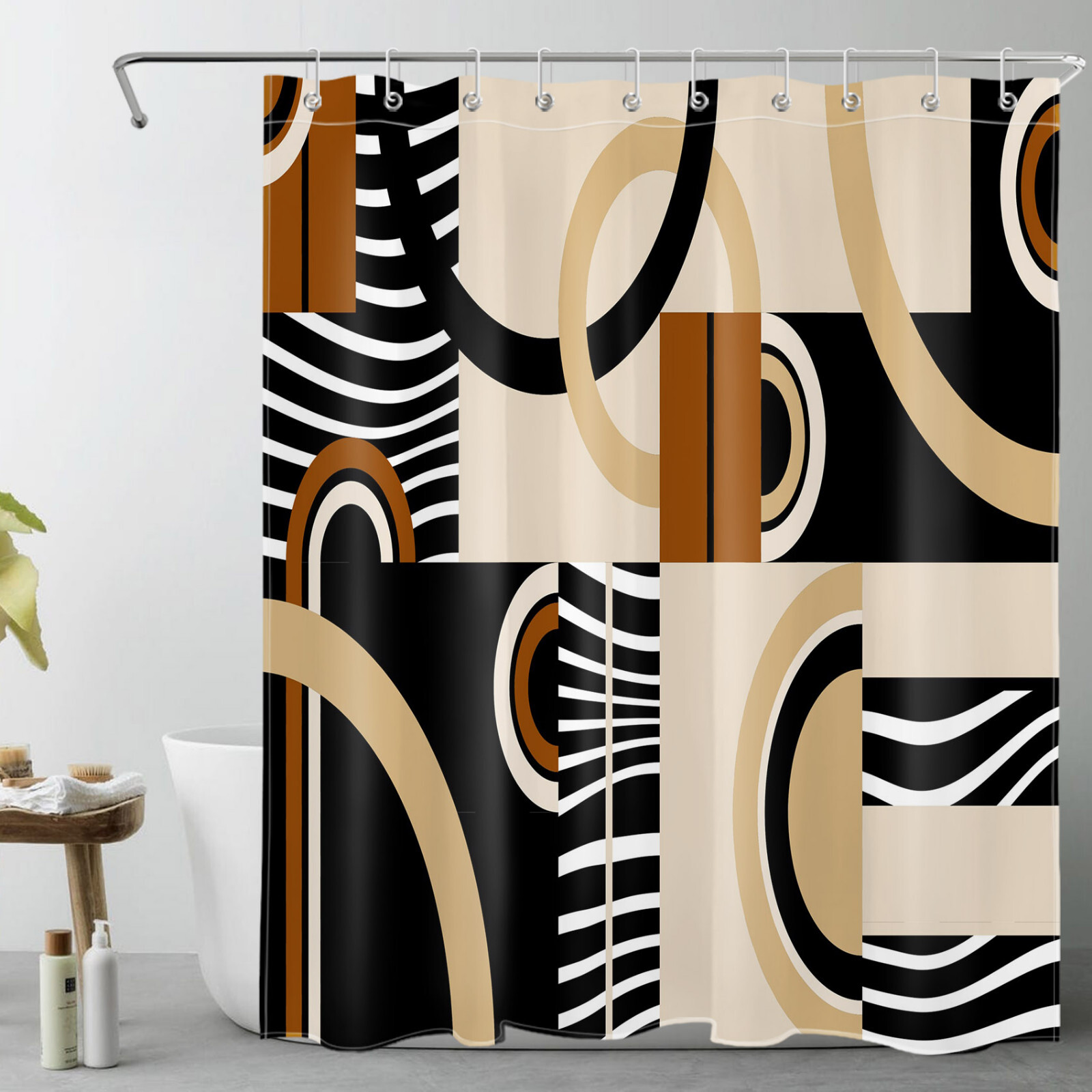 Beige Geometric Black and White Striped Shower Curtain Set for Bathroom