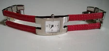 WOMEEN'S SILVER FINISH WITH RED LEATHER BAND FASHION CASUAL WATCH 