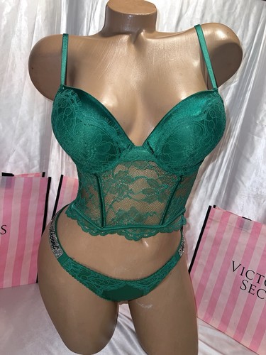 Victoria's Secret Bombshell Bra Corset Bling 32C Small Panty Verdant Green