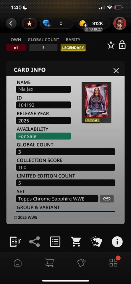 DIGITAL Topps WWE Slam Chrome Sapphire 25 Nia Jax LE Red 5cc - Image 2 of 2