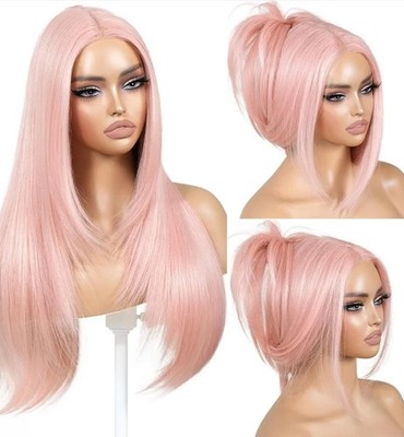 Pastel Pink HD Front Lace Human Hair Blend 26 Inch Long Straight