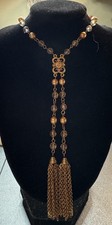 VTG 1928 Brand Rose Goldtone Faux Pearls Pink Crystals Beads 26” Tassel Necklace