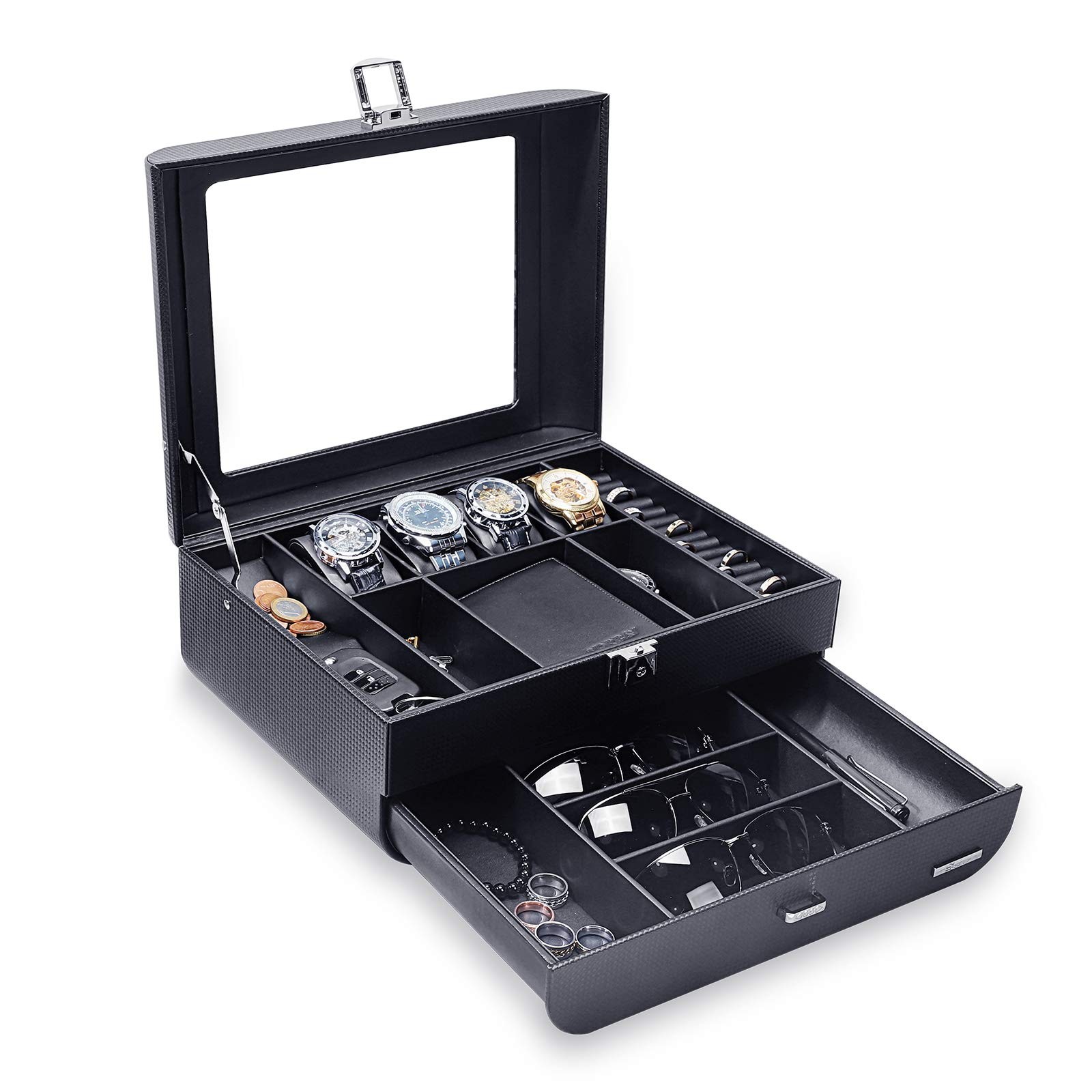 Luxury Watch Box with Carbon Fiber Design for Jewelry Sunglasses Storage