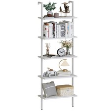 Ladder Shelf White Wooden Bookshelf 5-Tier Wall-Mounted Open Wood Rack Indust...