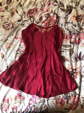 Vintage Victoria's Secret 100 Silk Red Slip Dress with Gold Floral Embroidery