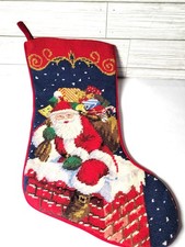 Vintage Christmas Stocking Needlepoint Santa Claus Completed 18" Multicolor