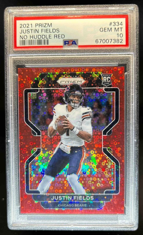 Prizm Justin Fields RC 2021 No Huddle Red Rookie #10/50 Bears PSA 10