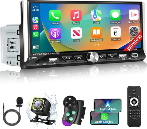 Single Din Car Stereo with Wireless Apple Carplay Android Auto, 6.9" IPS Touchsc
