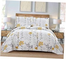 Floral Quilt Set - Queen Size Reversible Queen/Full Yellow Floral Leaves
