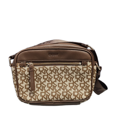 DKNY Crossbody Camera Bag Womens Brown Monogram Adjustable Straps Zip Closure