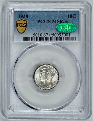 1938 P Mercury Dime 10C PCGS MS 67+ Plus CAC Silver Winged Liberty Gold Shield