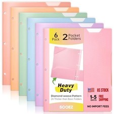 2-Pocket Folders Heavy Duty, Plastic Folders with Pockets 3 Hole Pastel 6 Pack