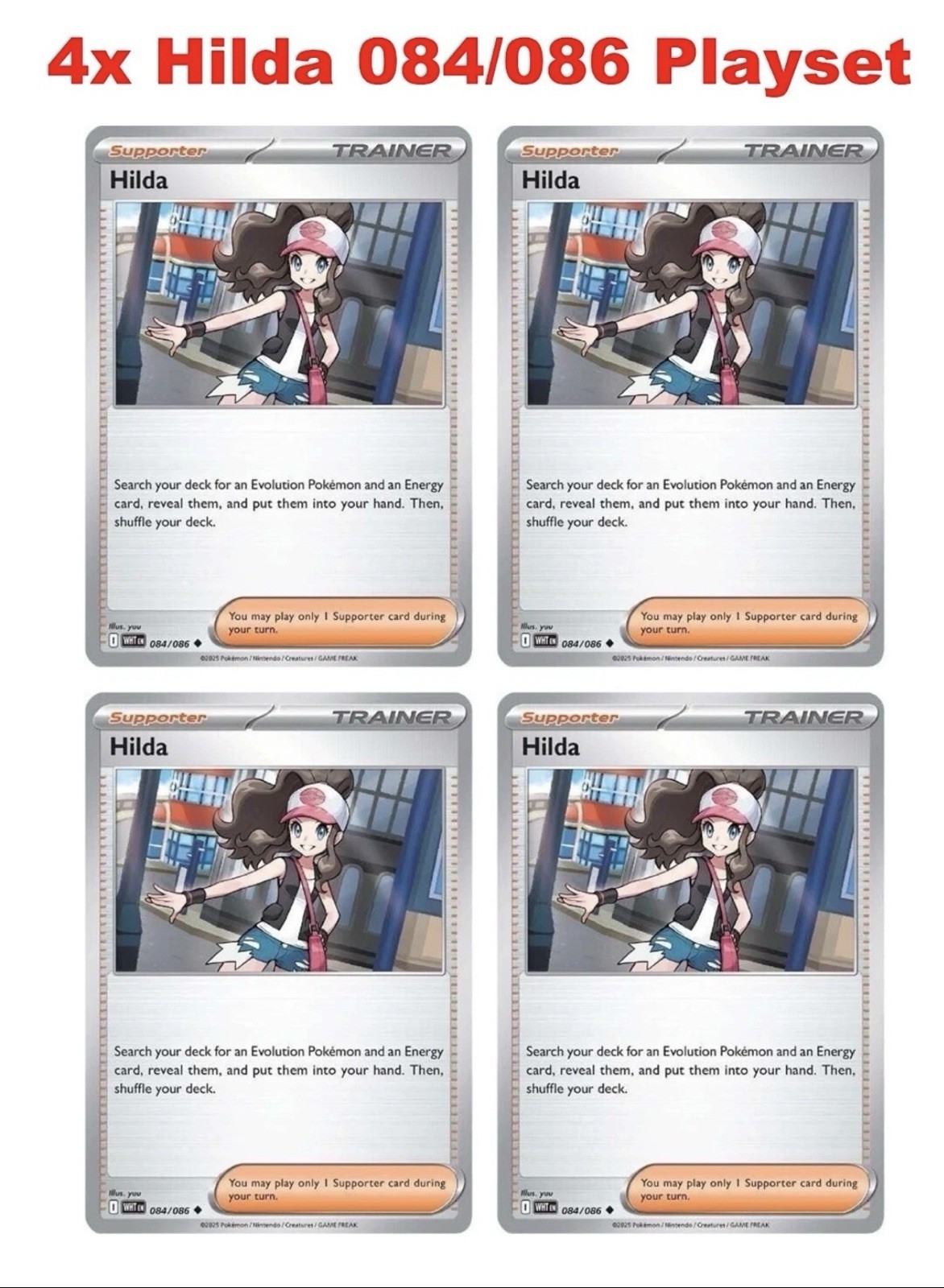 4x Hilda 084/086 Pokémon TCG White Flare Uncommon Cards - NM Playset