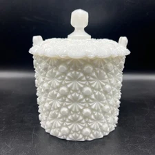 VTG Fenton Milk Glass Daisy & Button Biscuit Jar Candy Trinket Dish Ice Bucket