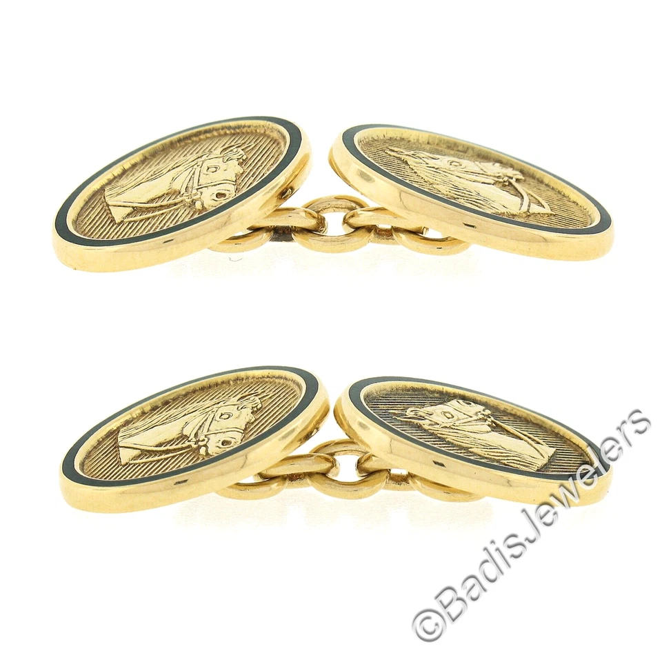 Gemelos con borde de esmalte verde cabeza de caballo DETALLADOS de oro amarillo de 18k inglés para hombre Foto 4 de 4
