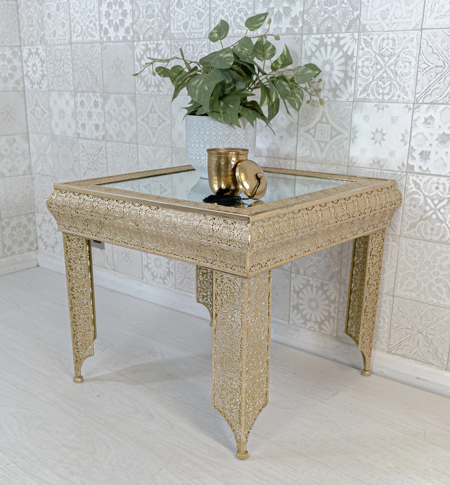 DOWNTON INTERIORS Gold Embossed Metal Glass Moroccan Style Side Table (GZ426)