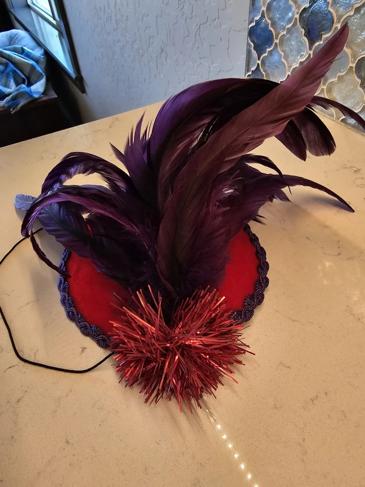 Vtg Mardi Gras Feather Hat Red Purple Hat Society Tuzzie Muzzie Handmade CA - Image 3 of 4