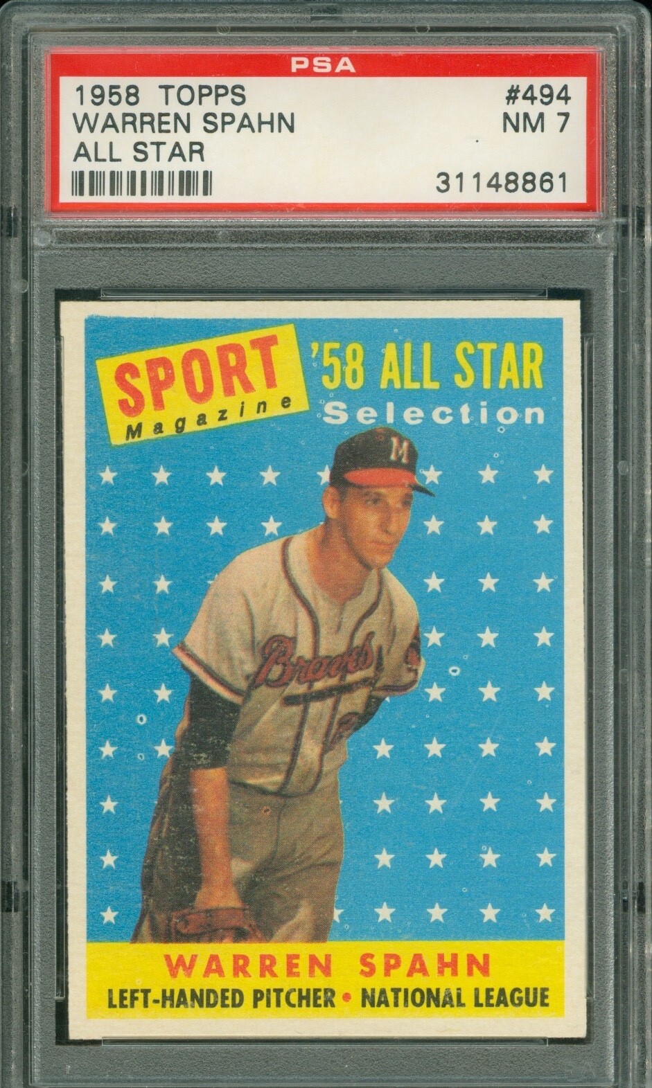 1958 Topps #494 Warren Spahn Milwaukee Braves PSA 7 NM