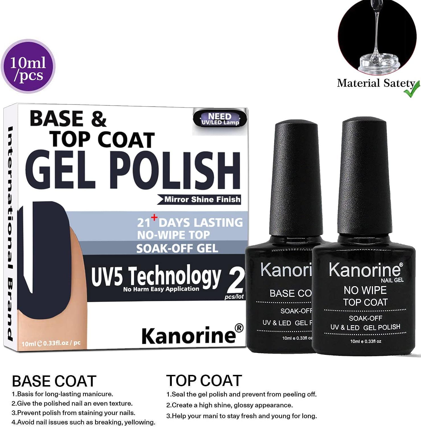 Kanorine UV LED Soak Off Gel Nail Polish Top Coat and Base Coat Set of
