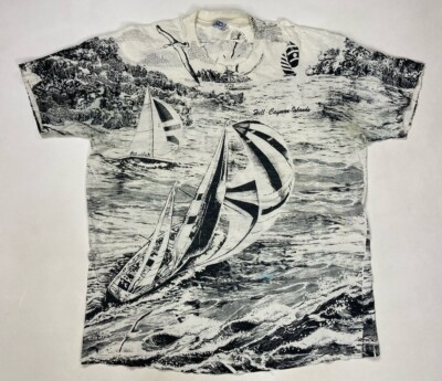 VINTAGE Sailing Boat Hell Cayman Islands T-shirt Men XL White 90s Single Stitch
