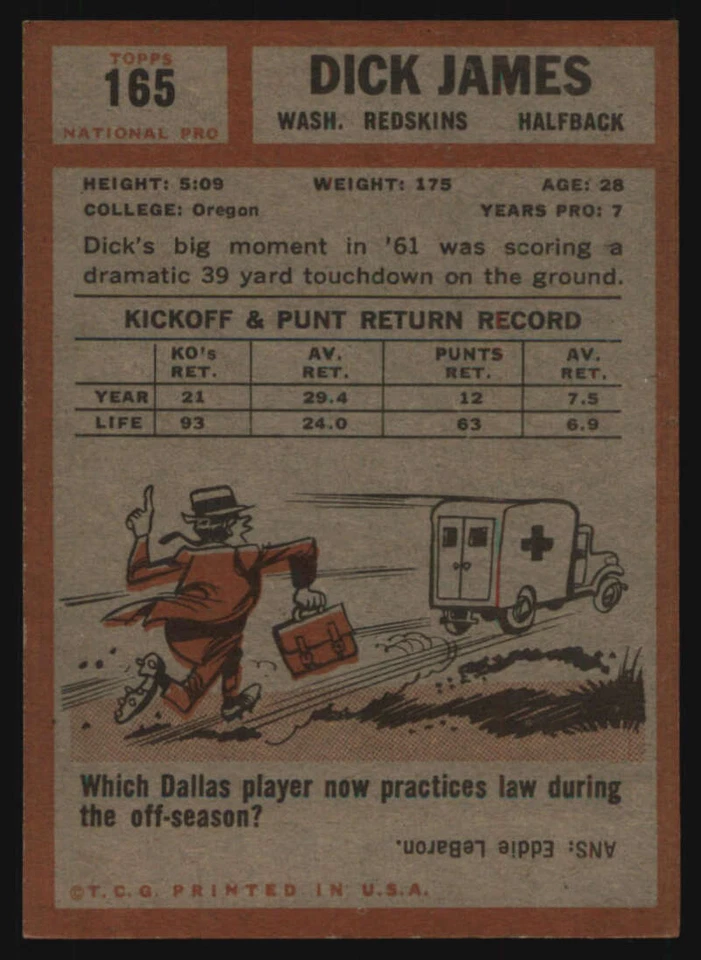 1962 Topps #165 Dick James EX+ Redskins 572224 - Image 2 of 2