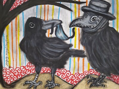Crow in Plague Doctor Mask ACEO Art Print Signed by Artist KSams Steampunk Goth