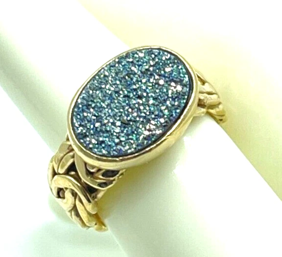 Anel vintage folheado a ouro com mais de 925 banda bizantina larga com azul claro druso tamanho 6 - Imagem 4 de 4