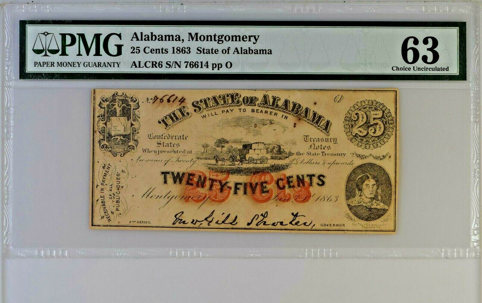 1863 25c Montgomery State Alabama マート Civil 80％以上節約 US War Obsolete Currency