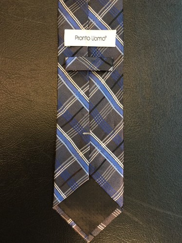 Vintage Pronto Uomo Krawatte Gun Metal grau blau schwarz kariert handgefertigt Seide - Bild 5 von 6