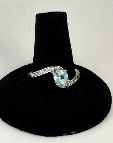 Sterling Silber blauer Aquamarin Ring Diamant Akzente Gr. 9 gestempelt 925 GFC