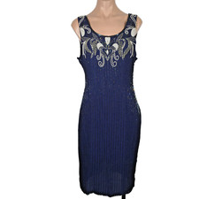 Vintage 80s Blue Silk Sequin Heavily Beaded Flapper Dress Gatsby Evening Formal