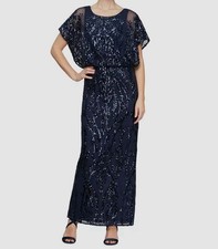 Alex Evenings Women's Blue Sequined Blouson-Bodice Gown Dress Size 10