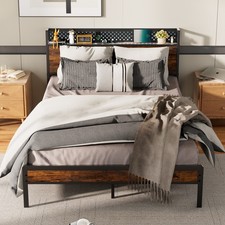 Heavy Duty Bed Frame with Storage Headboard Metal Platform with Charging Station